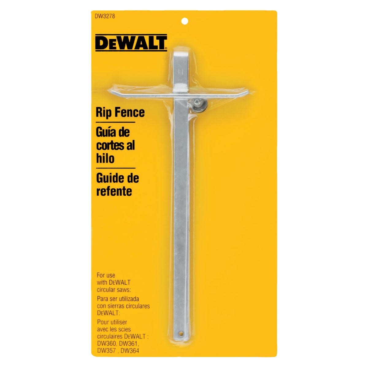 Metal rip fence accessory in yellow packaging designed to improve accuracy in circular saw cuts for home improvement tools.