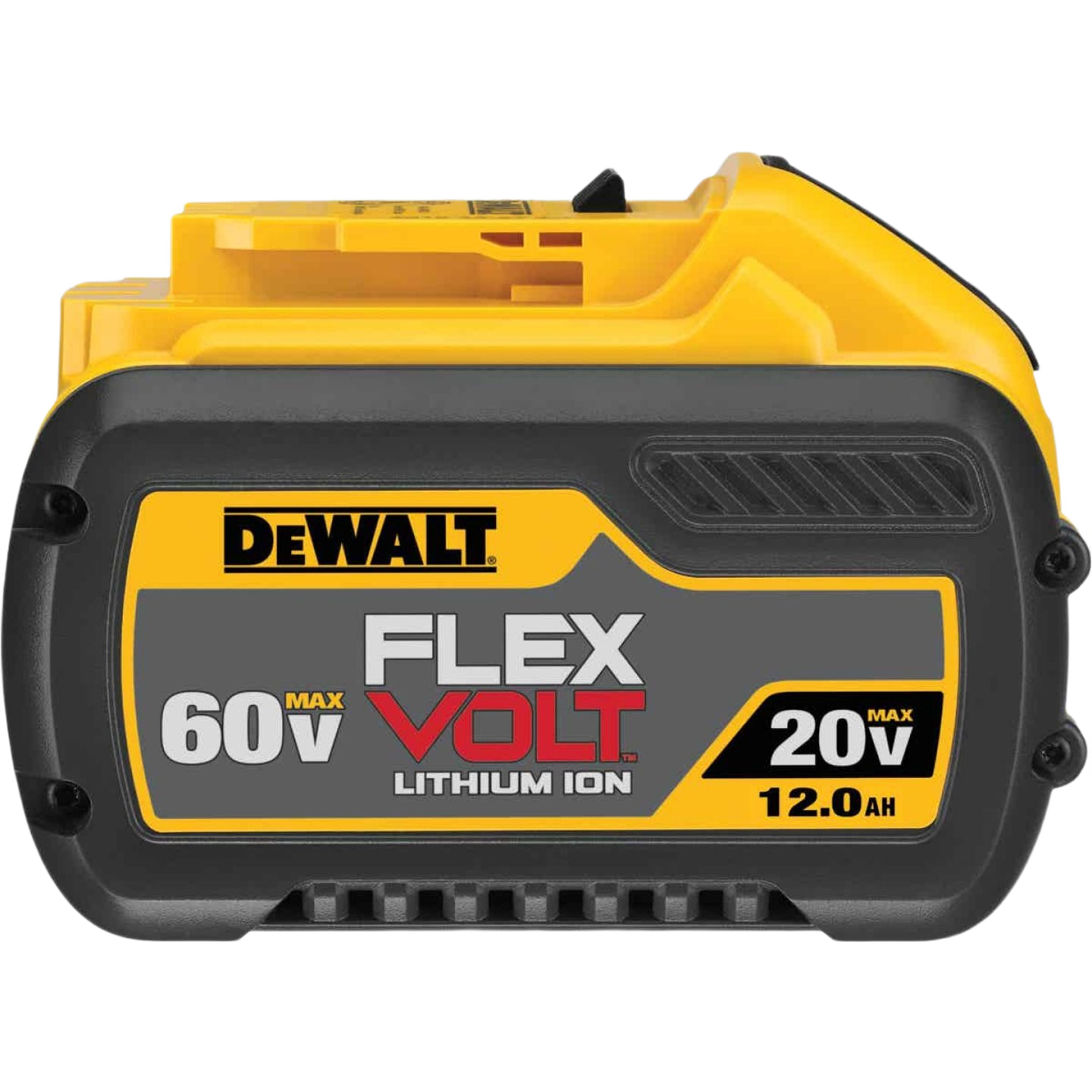 Yellow and black 12Ah lithium ion battery pack compatible with 20V and 60V power tools for home improvement tasks