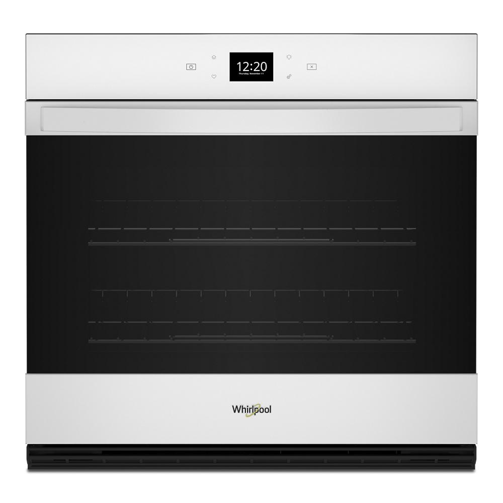 Front view of a stainless steel 30-inch single wall oven with digital clock and control panel for kitchen appliances