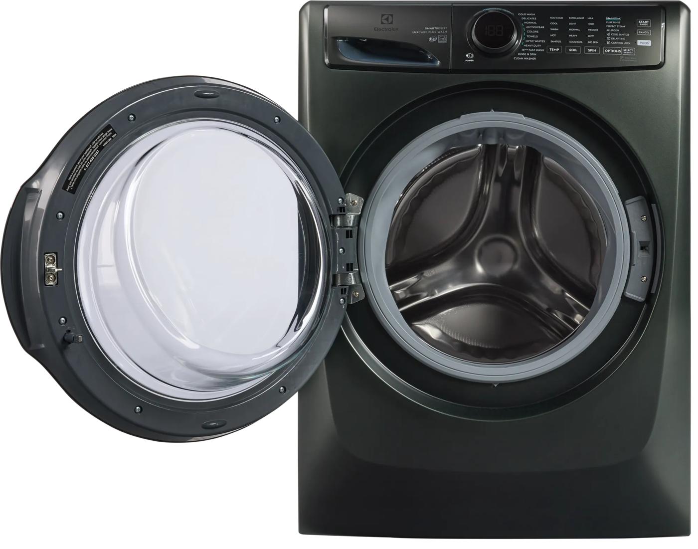 Dark gray front load washer with open door, digital controls, and stainless steel drum from appliances collection
