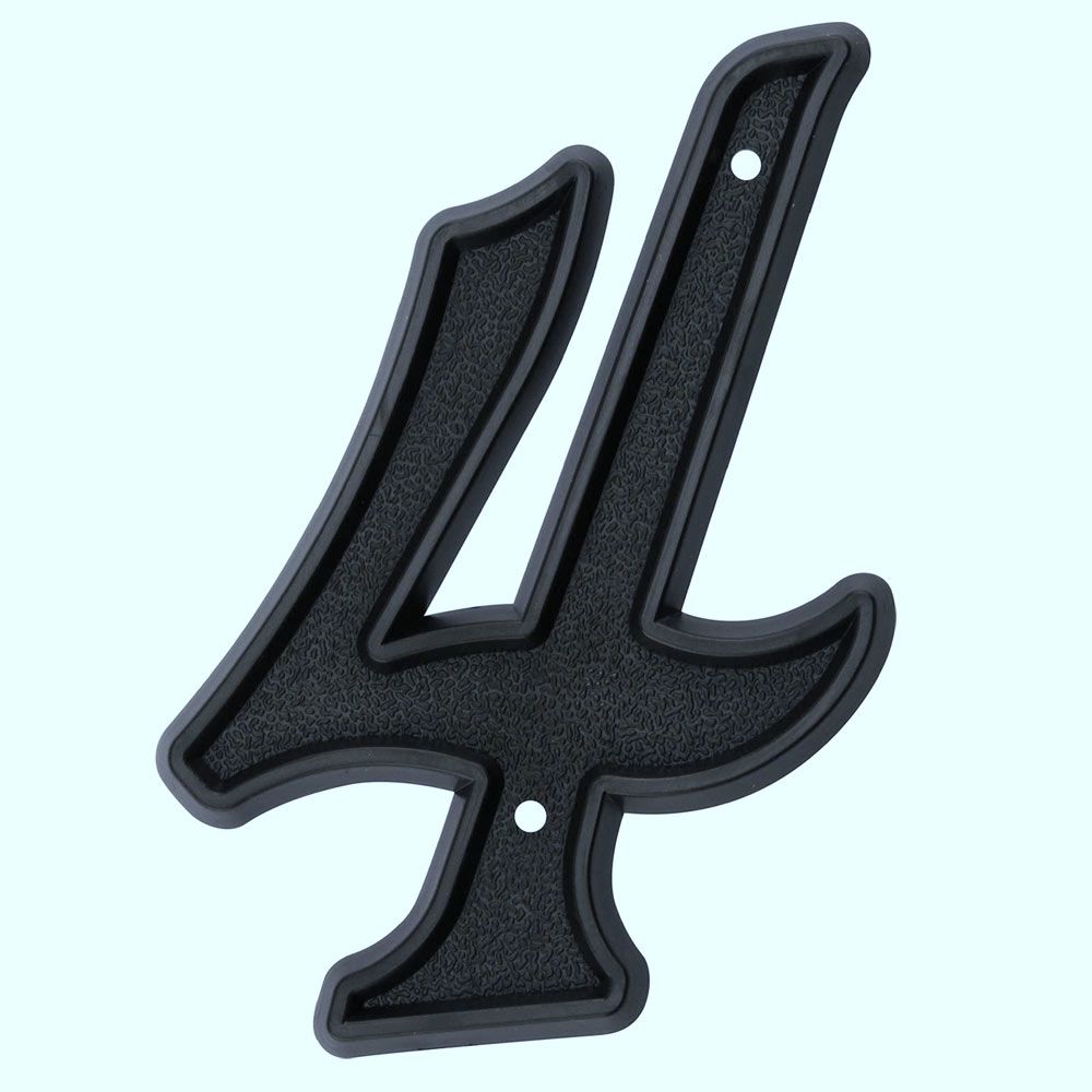 Matte black plastic house number 4 with textured finish and pre-drilled holes for easy mounting in home improvement projects