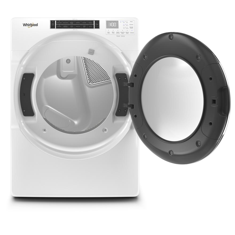 Open front view of white front load gas dryer with digital controls and large door in dryers collection