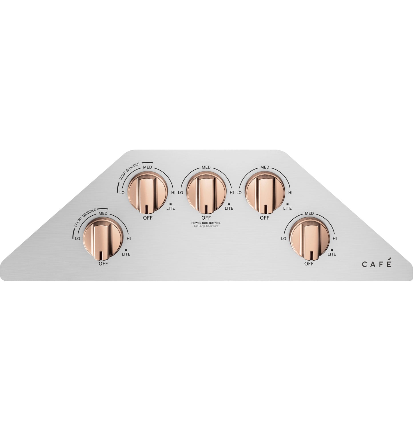 Set of five copper-tone control knobs on angled stainless steel cooktop panel, part of kitchen appliances and cooktops collection