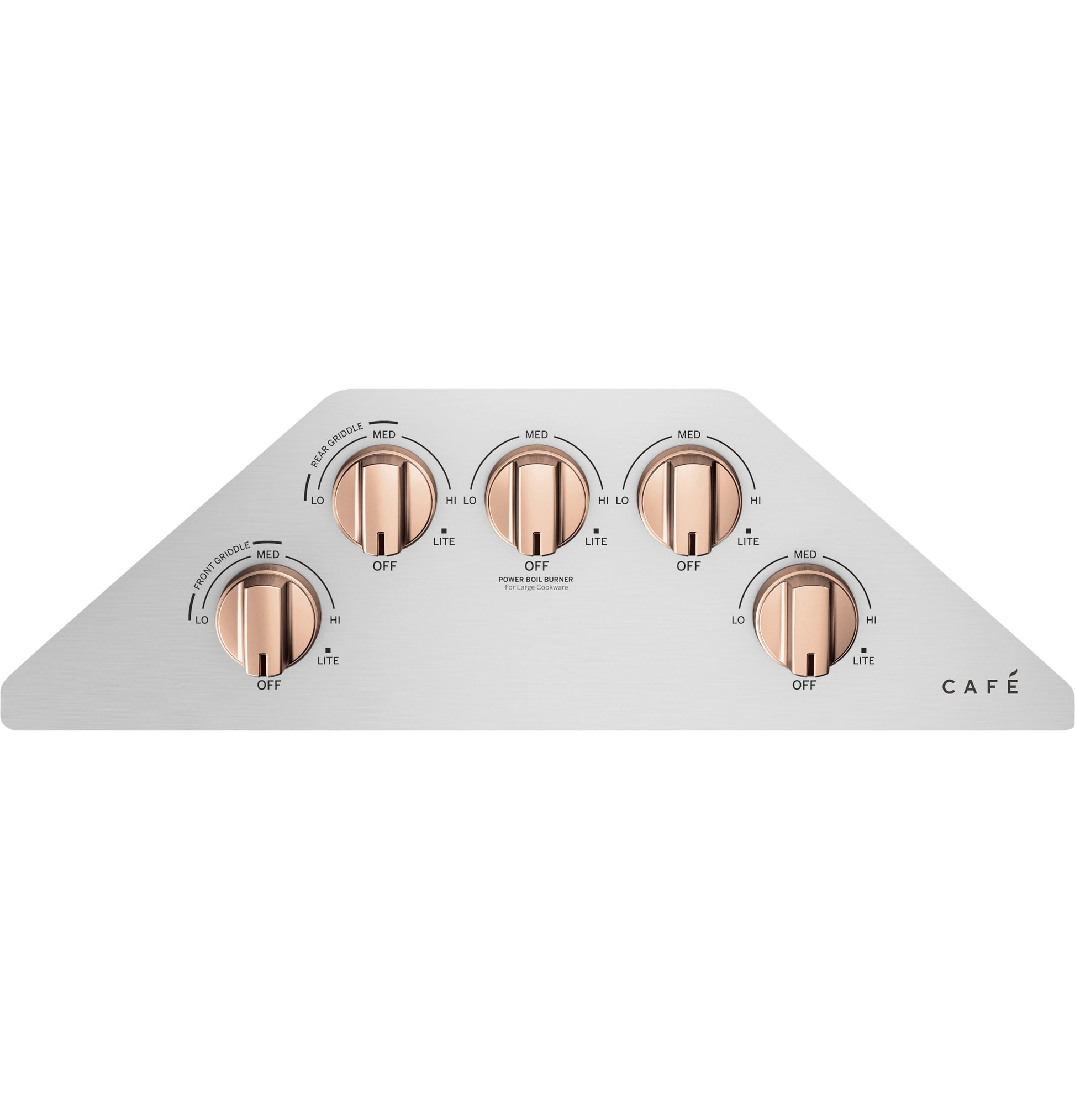 Set of five copper-tone control knobs on angled stainless steel cooktop panel, part of kitchen appliances and cooktops collection