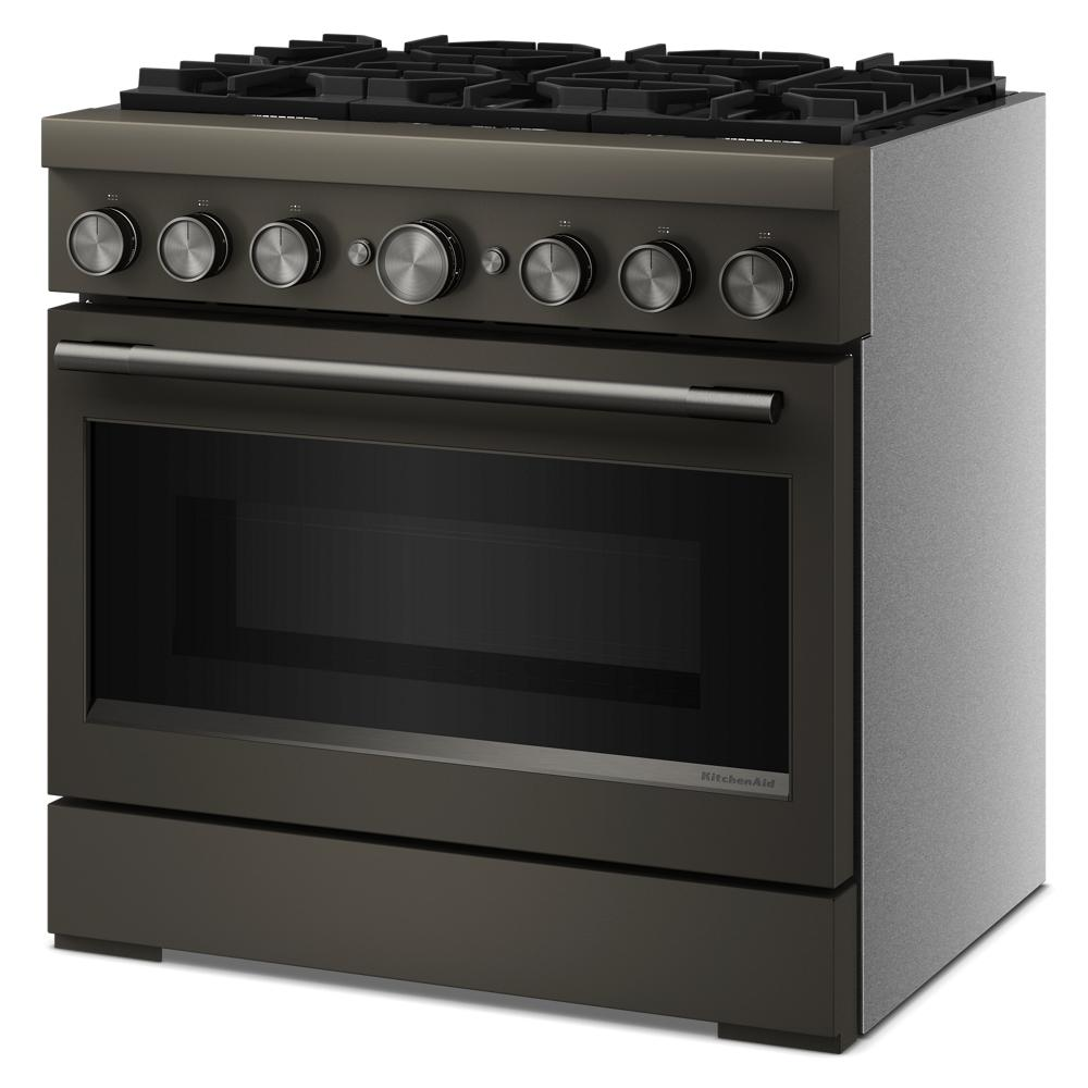 Front angled view of a commercial-style 36-inch 6 burner dual fuel range in KitchenAid Ranges collection