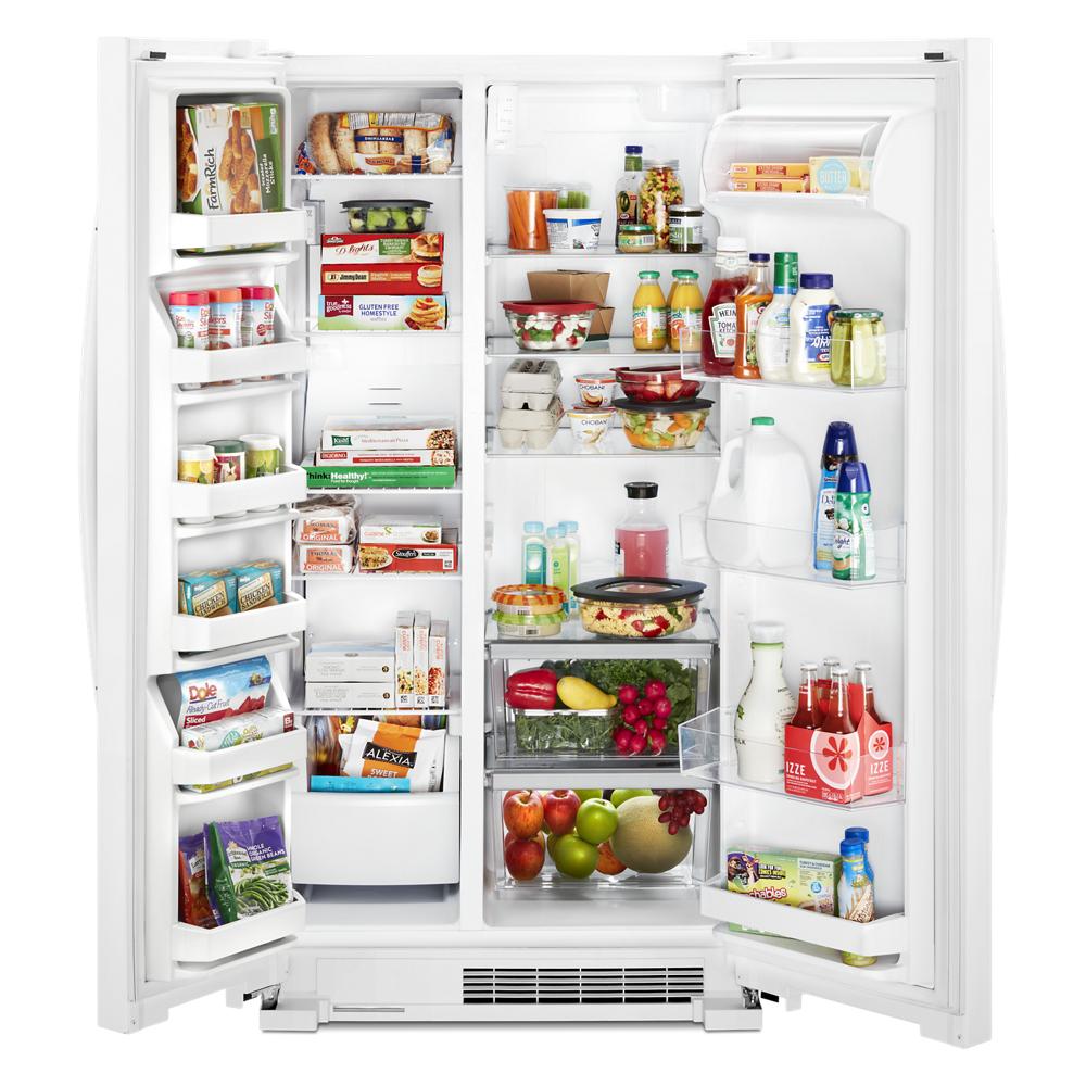 White Whirlpool 36-inch side-by-side refrigerator with adjustable door bins and LED lighting from kitchen appliances collection