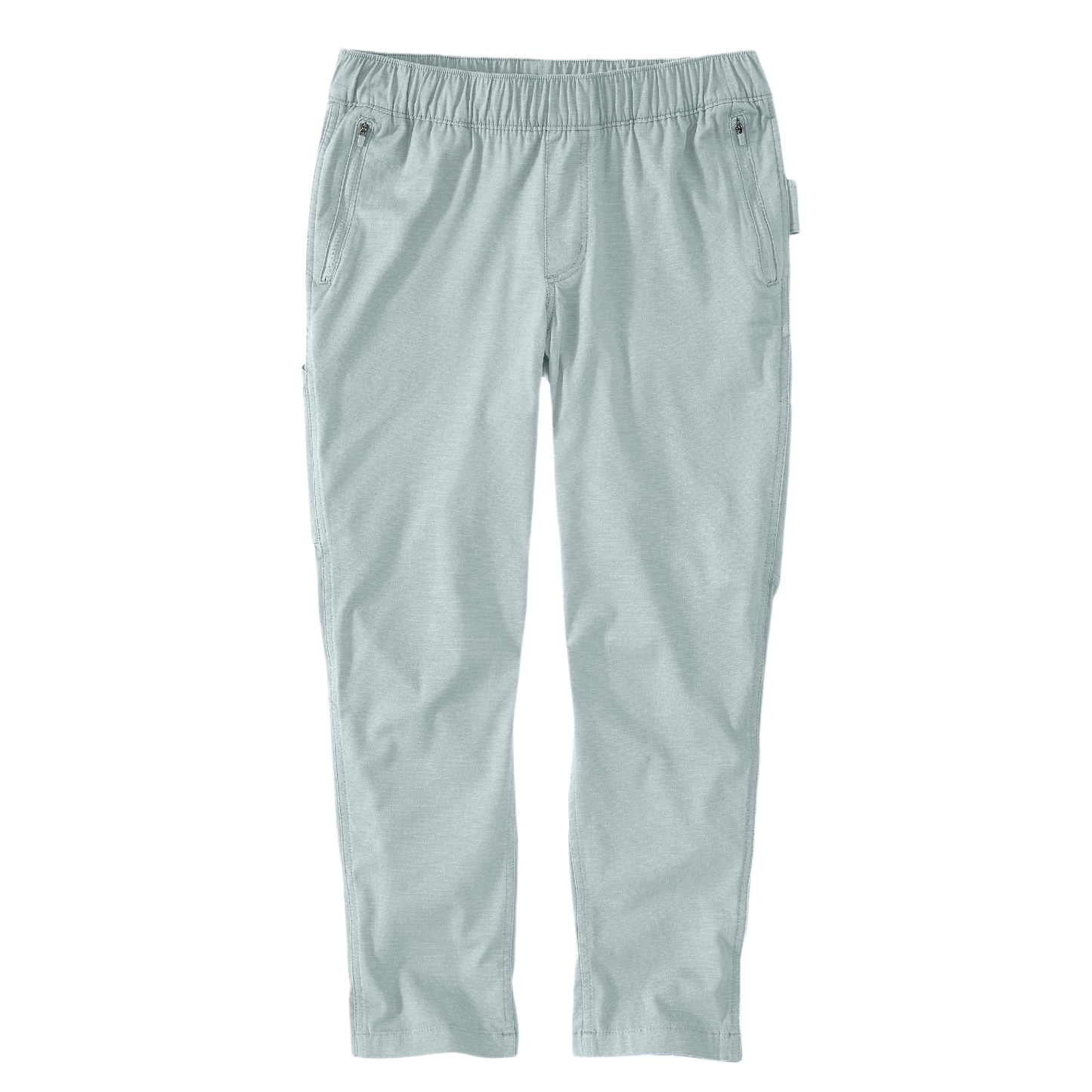 Light gray ripstop work pants with elastic waistband and zippered pockets designed for durable outdoor wear