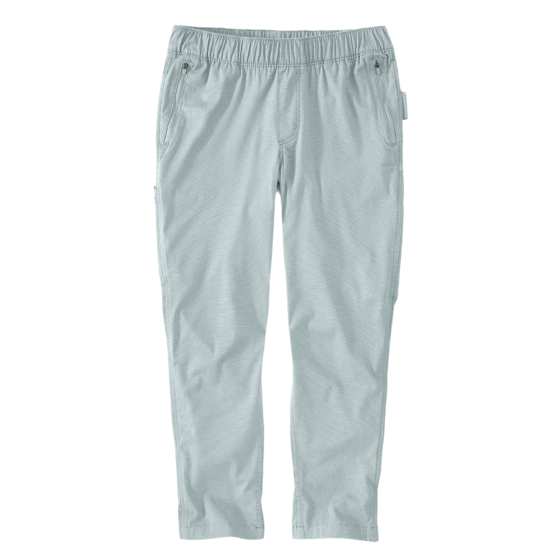 Light gray ripstop work pants with elastic waistband and zippered pockets designed for durable outdoor wear