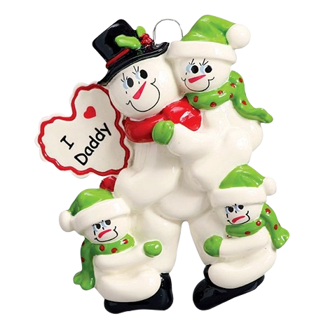 Personalized snowman family ornament with dad and three kids wearing green hats and scarves from Christmas Ornaments collection under $50