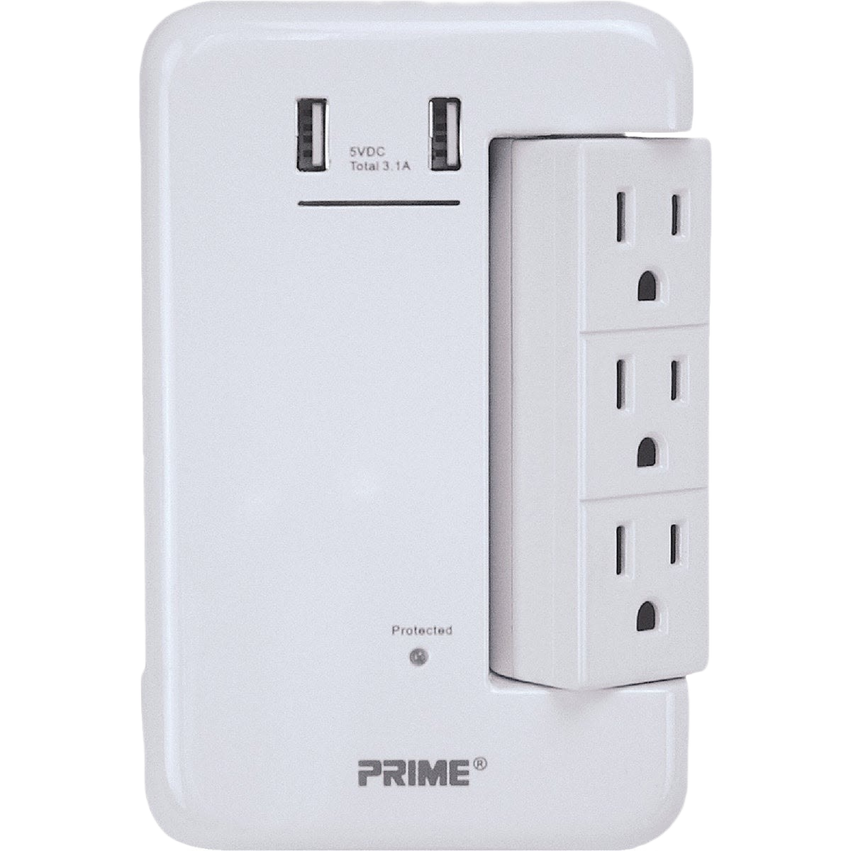 White rotating surge protector with six outlets and two USB ports for charging devices in home improvement settings