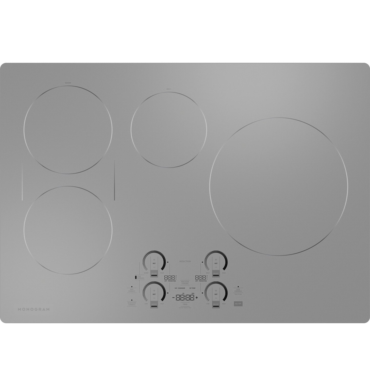 Sleek stainless steel induction cooktop with touch controls and five cooking zones in kitchen appliances collection