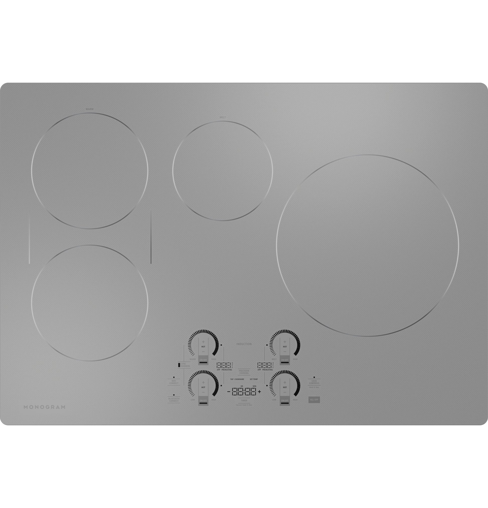 Sleek stainless steel induction cooktop with touch controls and five cooking zones in kitchen appliances collection