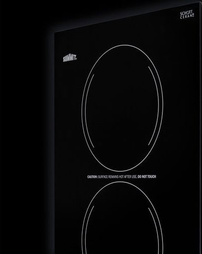 Black 12-inch wide 2-burner radiant cooktop with Schott Ceran glass surface for kitchen appliance use