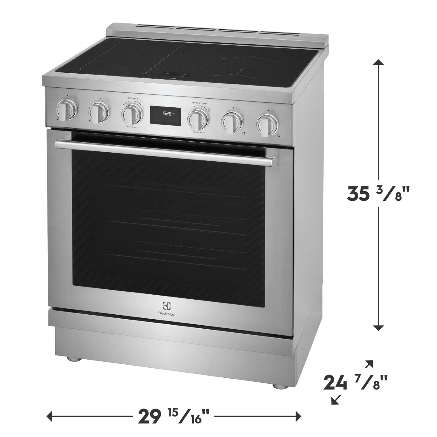 Front view of stainless steel induction freestanding range with control knobs and digital display in ranges and kitchen appliances collection