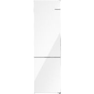 24-inch white free-standing fridge-freezer with bottom freezer, glass door, and total no frost system in kitchen appliances collection