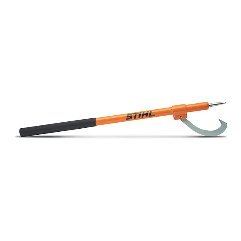 Orange-handled log peavey with metal hook and pointed end for moving and positioning logs in home improvement tasks