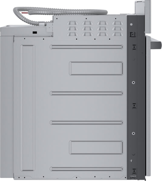 Side view of stainless steel single wall oven showing ventilation and installation features from Bosch appliances collection