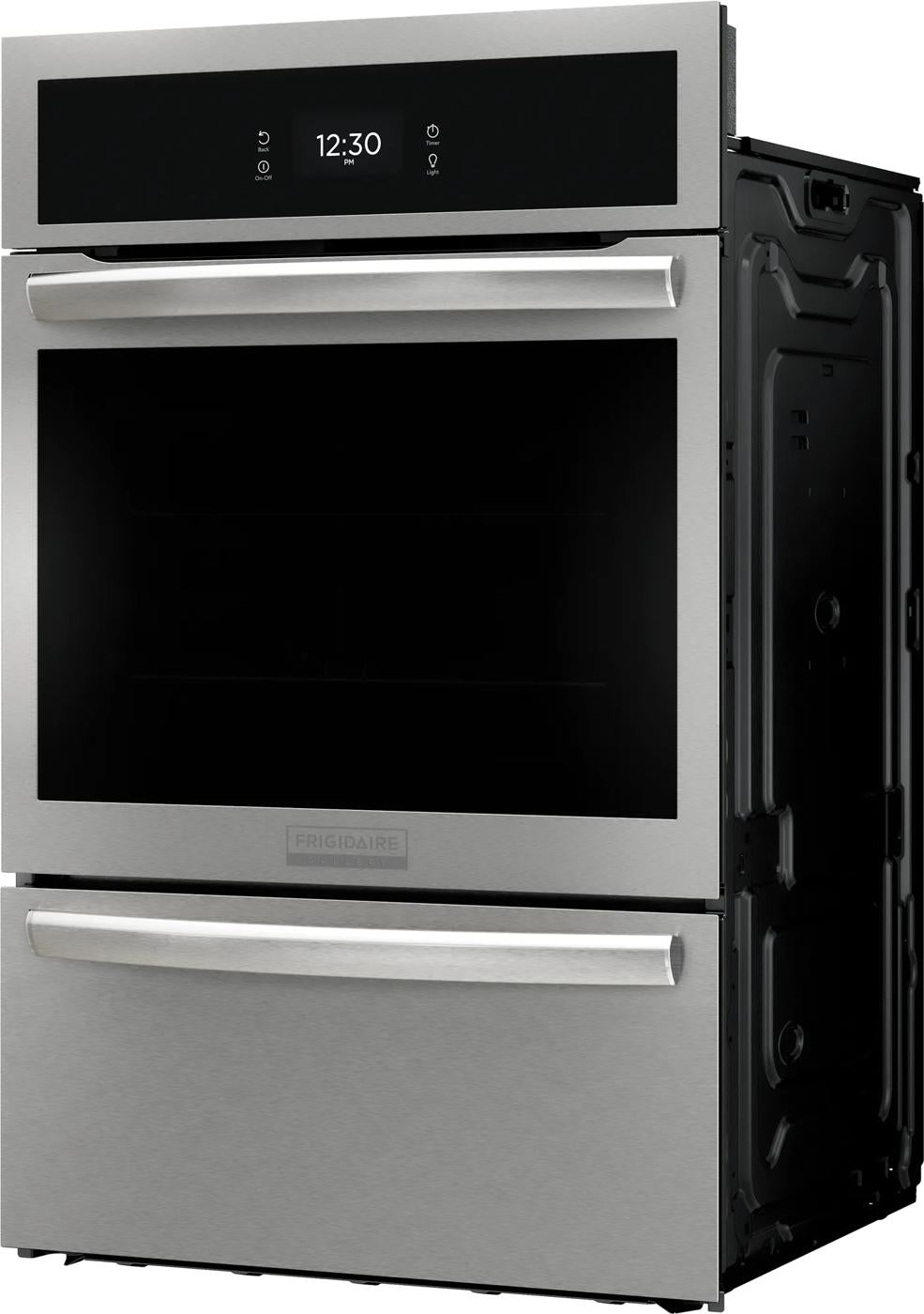 Stainless steel single gas wall oven with digital touchscreen and air fry feature in modern kitchen appliances collection