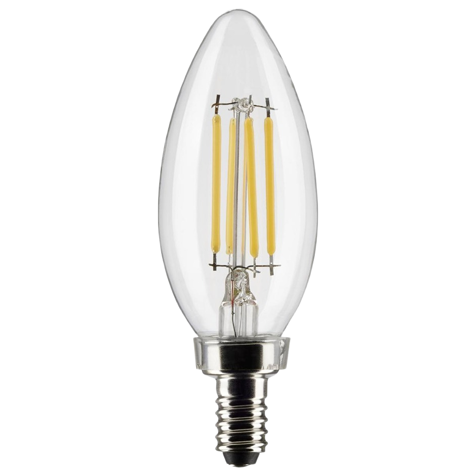 Clear LED filament light bulb with candelabra base providing warm, energy-efficient illumination for home lighting projects