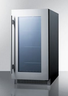 Built-in 18-inch beverage center with jet black cabinet, stainless steel frame, and tinted glass door for kitchen use