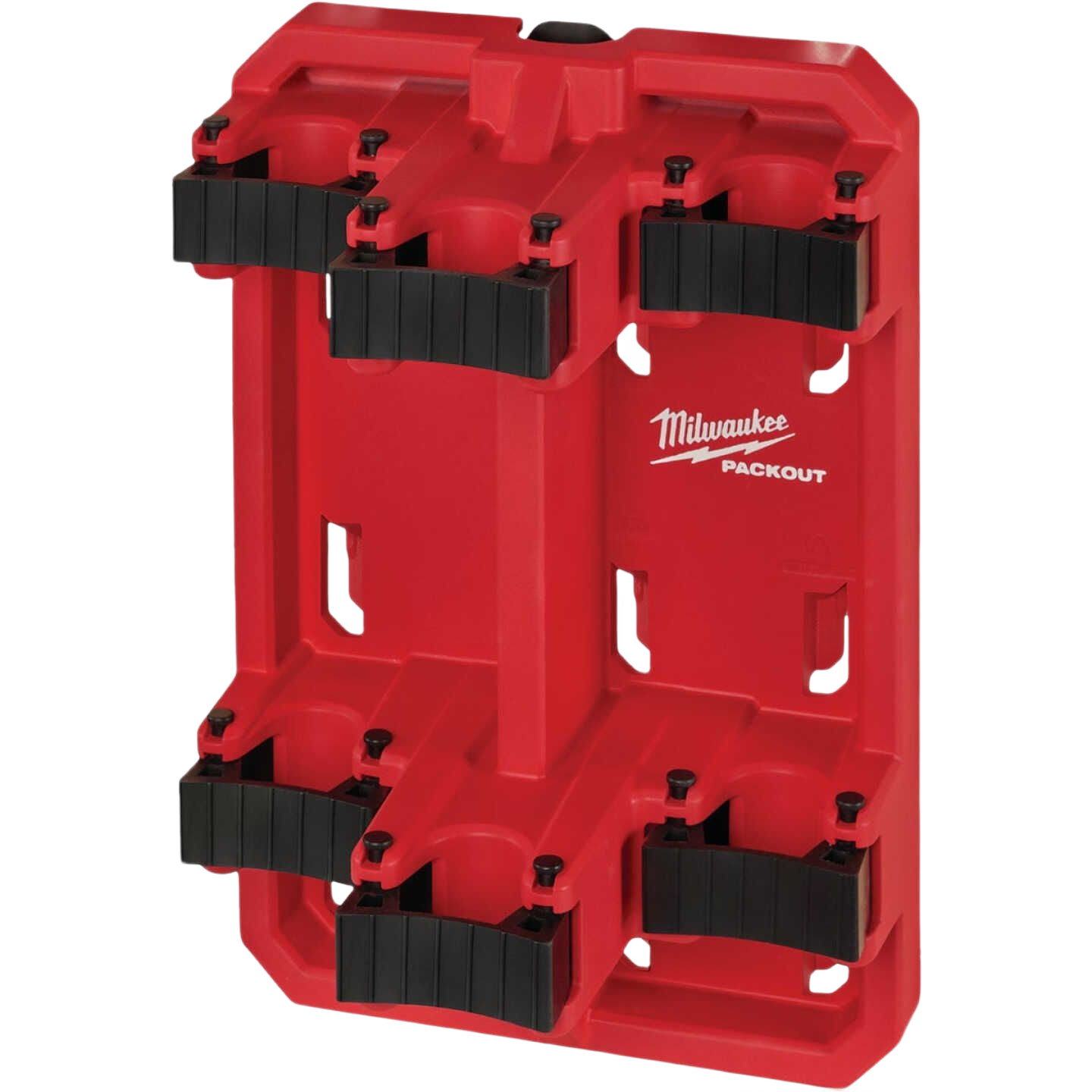 Red modular tool rack with black secure mounting hooks for customizable home improvement and workshop storage solutions