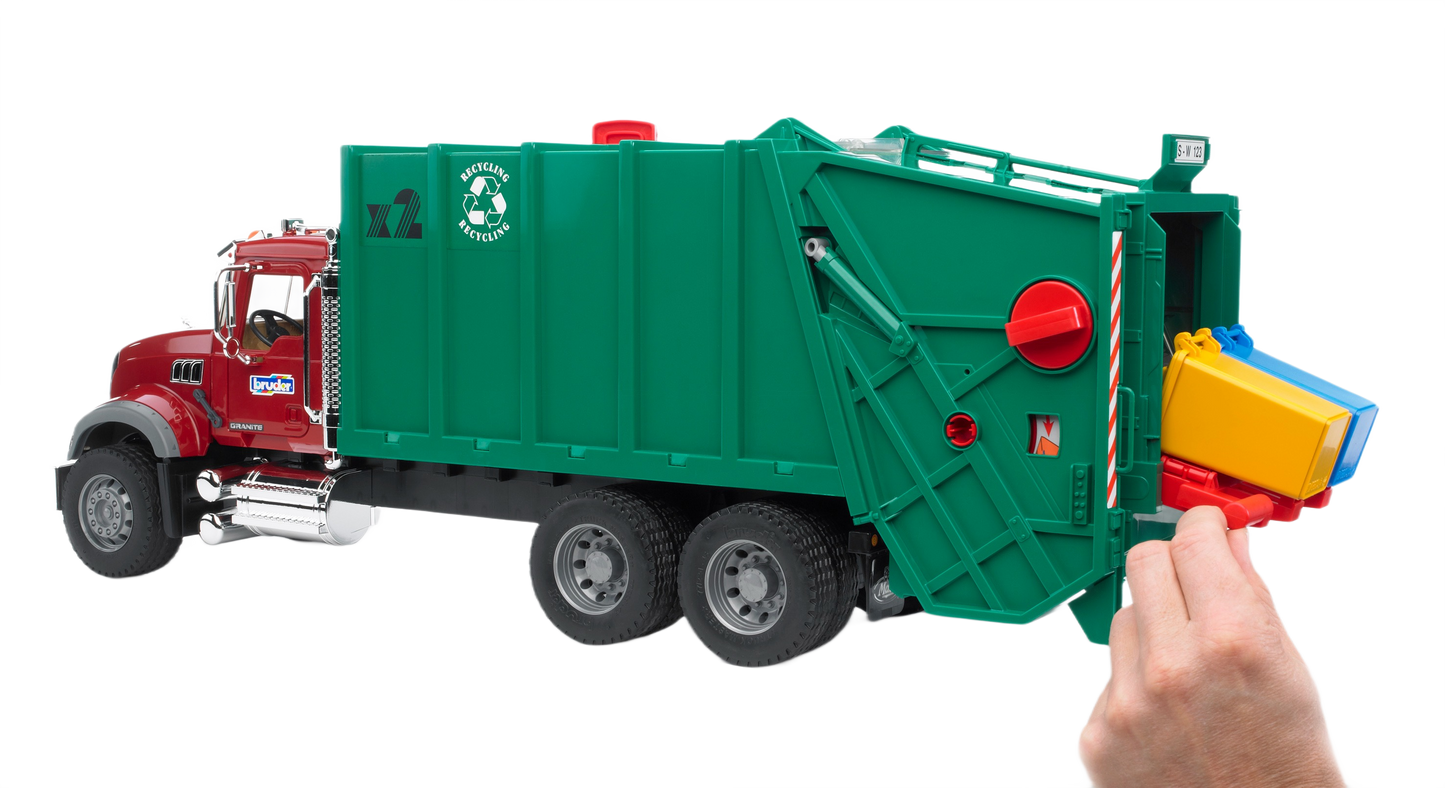 Green and red 1:16 scale Mack Granite garbage truck toy from Bruder Toys in Vehicles & Remote Controlled Toys collection