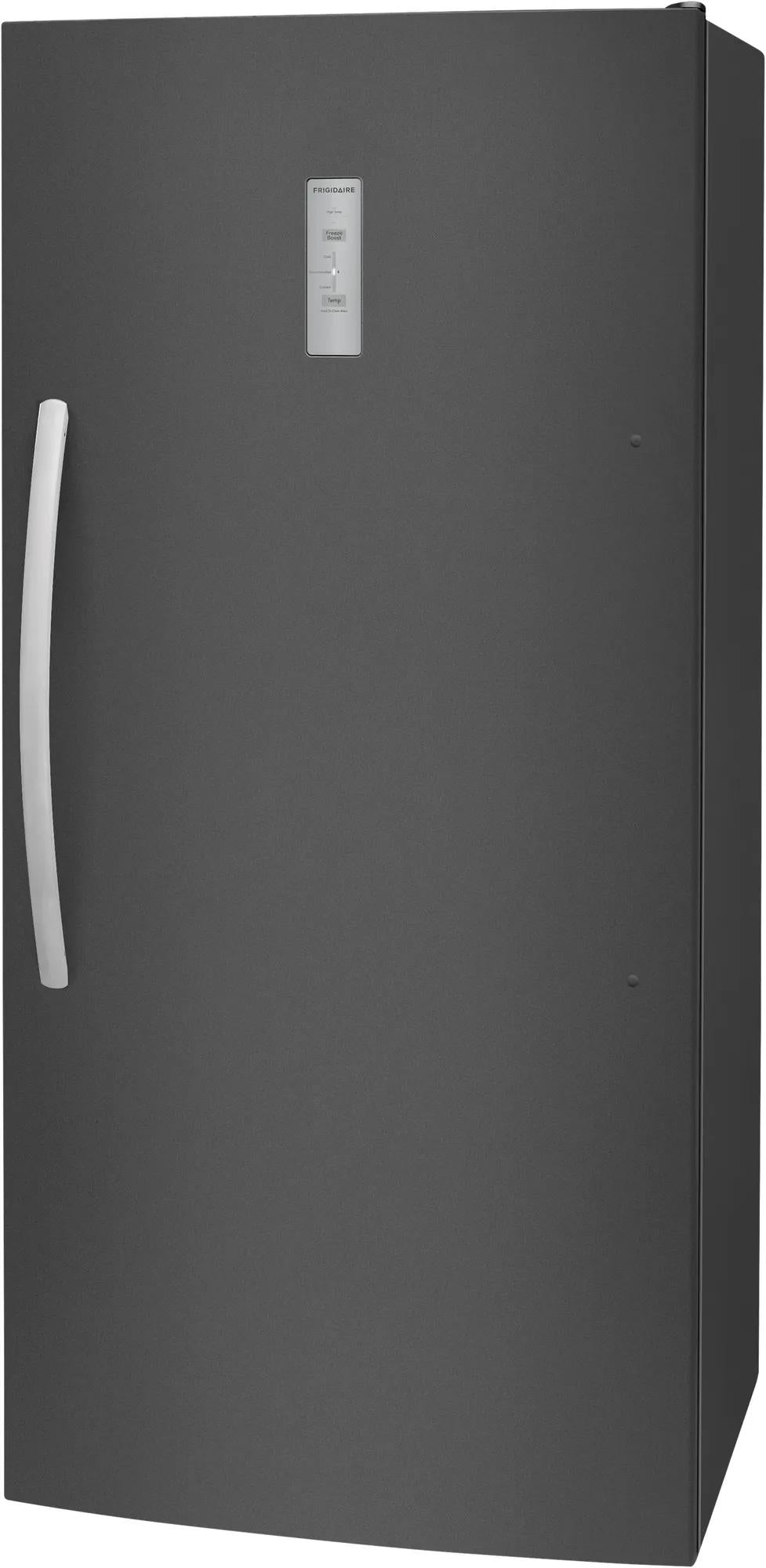 Tall dark gray upright freezer with curved handle and control panel on smooth front door in home appliance setting