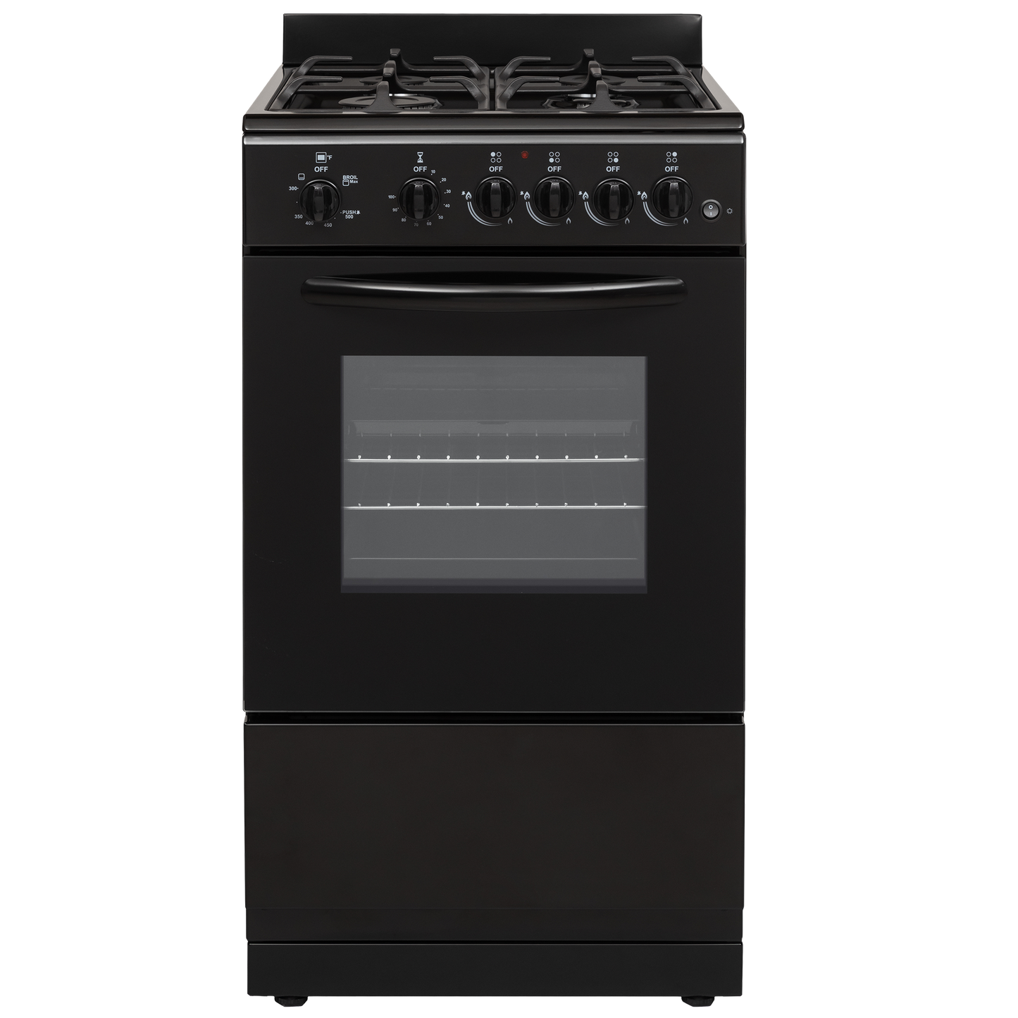 Black freestanding 20-inch gas range with four burners, oven window, and control knobs for kitchen appliances and home improvement.