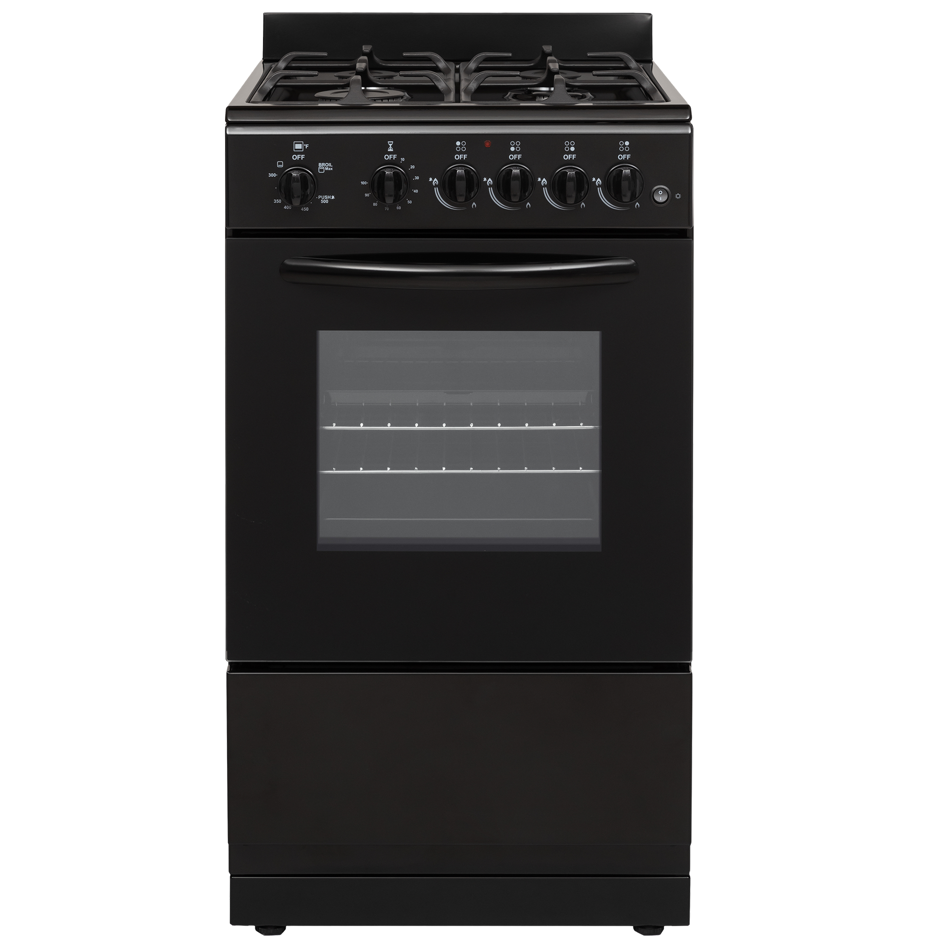 Black freestanding 20-inch gas range with four burners, oven window, and control knobs for kitchen appliances and home improvement.