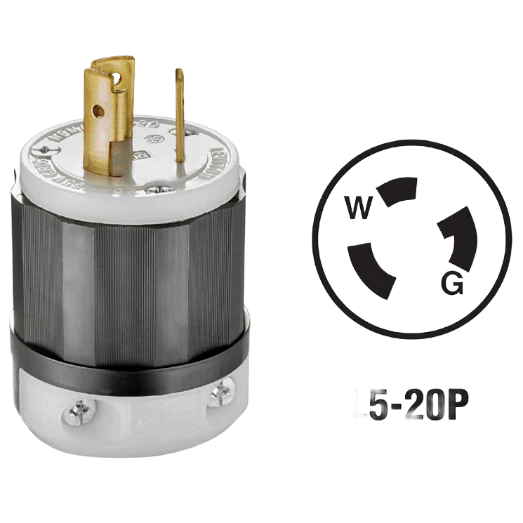 Industrial locking cord plug with durable black housing and brass prongs for secure 20 amp electrical connections