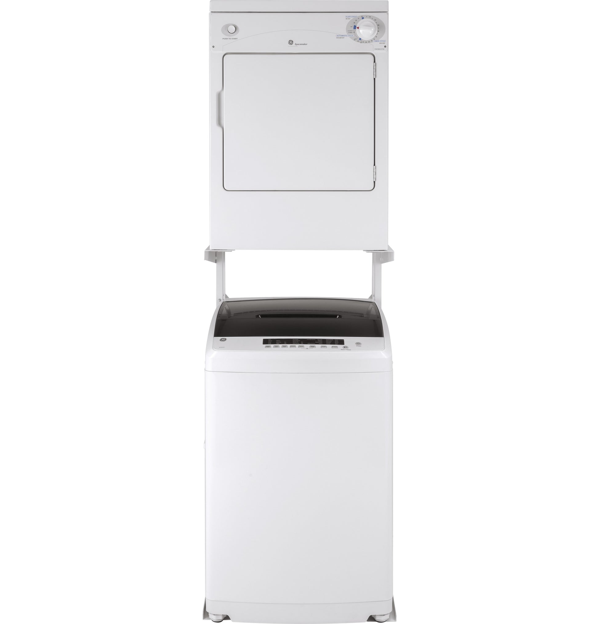 Front view of stacked white washer and dryer pair from washers and dryers collection for home improvement