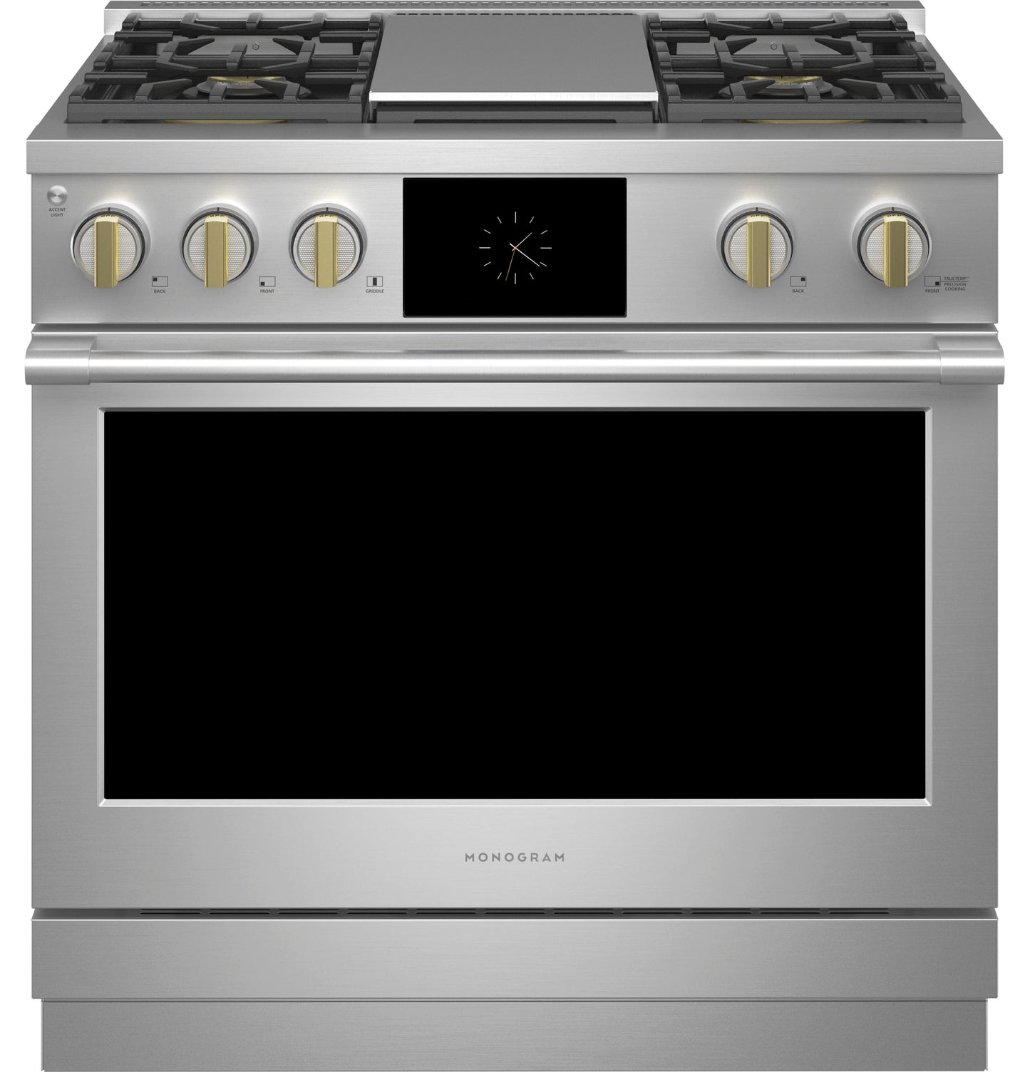 Stainless steel dual-fuel range with four burners, griddle, and digital display from kitchen appliances collection