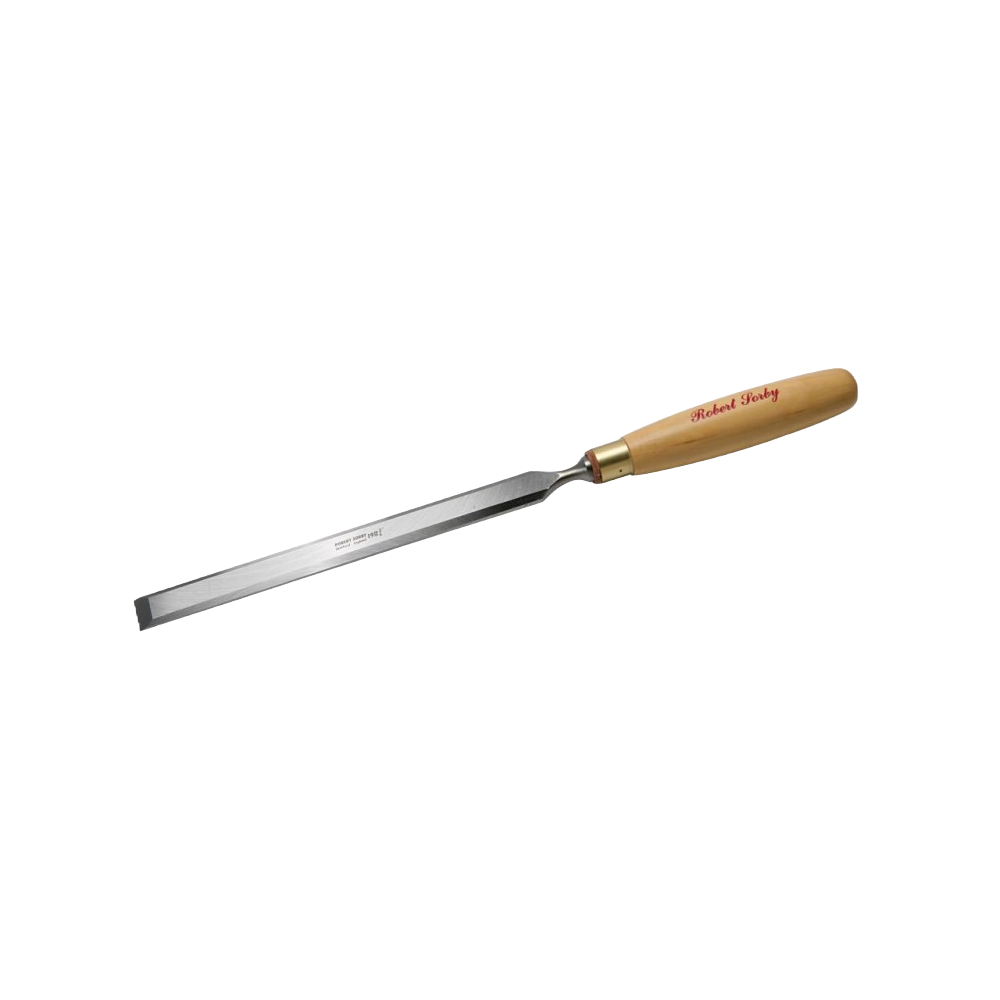 Paring chisel with polished steel blade and wooden handle branded Robert Sorby for woodworking and home improvement tasks