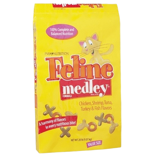 Yellow bag of dry cat food with chicken, shrimp, tuna, turkey, and fish flavors featuring a playful cat illustration