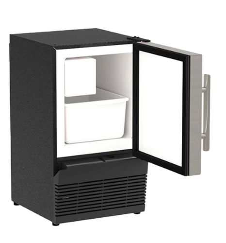 Compact black ice machine with stainless steel door handle and open compartment in appliances and kitchenware collection.