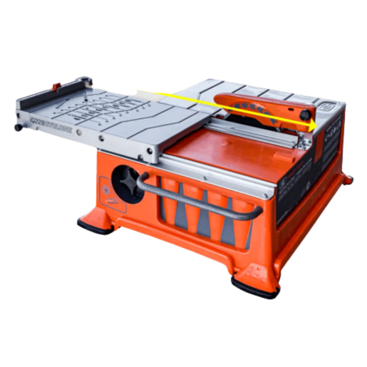 Compact orange tabletop tile saw with metal cutting surface and adjustable fence for power tools and home improvement tasks