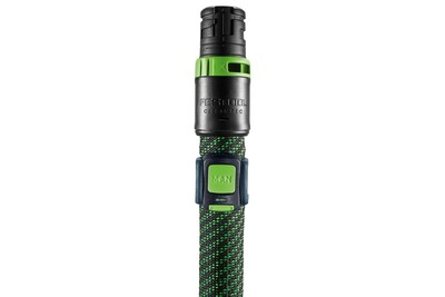 Close-up of green and black braided hose with quick-connect fitting for woodworking dust extraction tools
