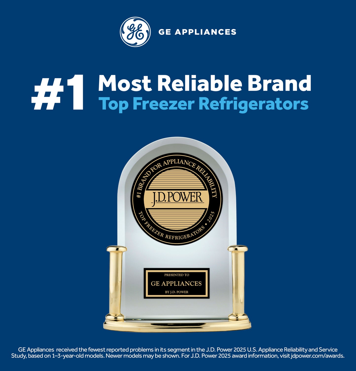 Award trophy for J.D. Power top freezer refrigerator reliability with GE Appliances branding on blue background