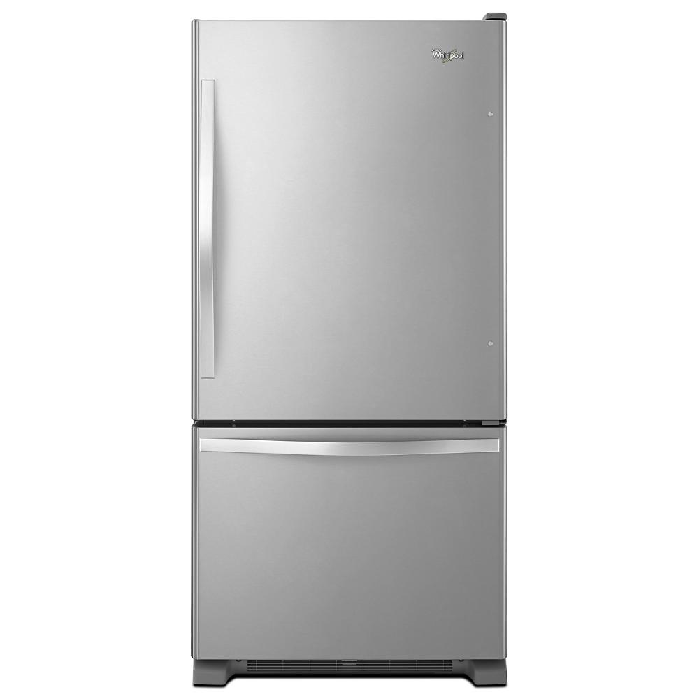 Stainless steel bottom-freezer refrigerator with curved handle in kitchen appliances and refrigerators collection