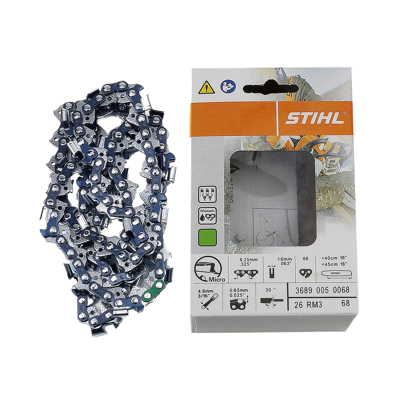 Blue and silver rapid micro chain alongside orange and white STIHL branded packaging for tools and home improvement projects