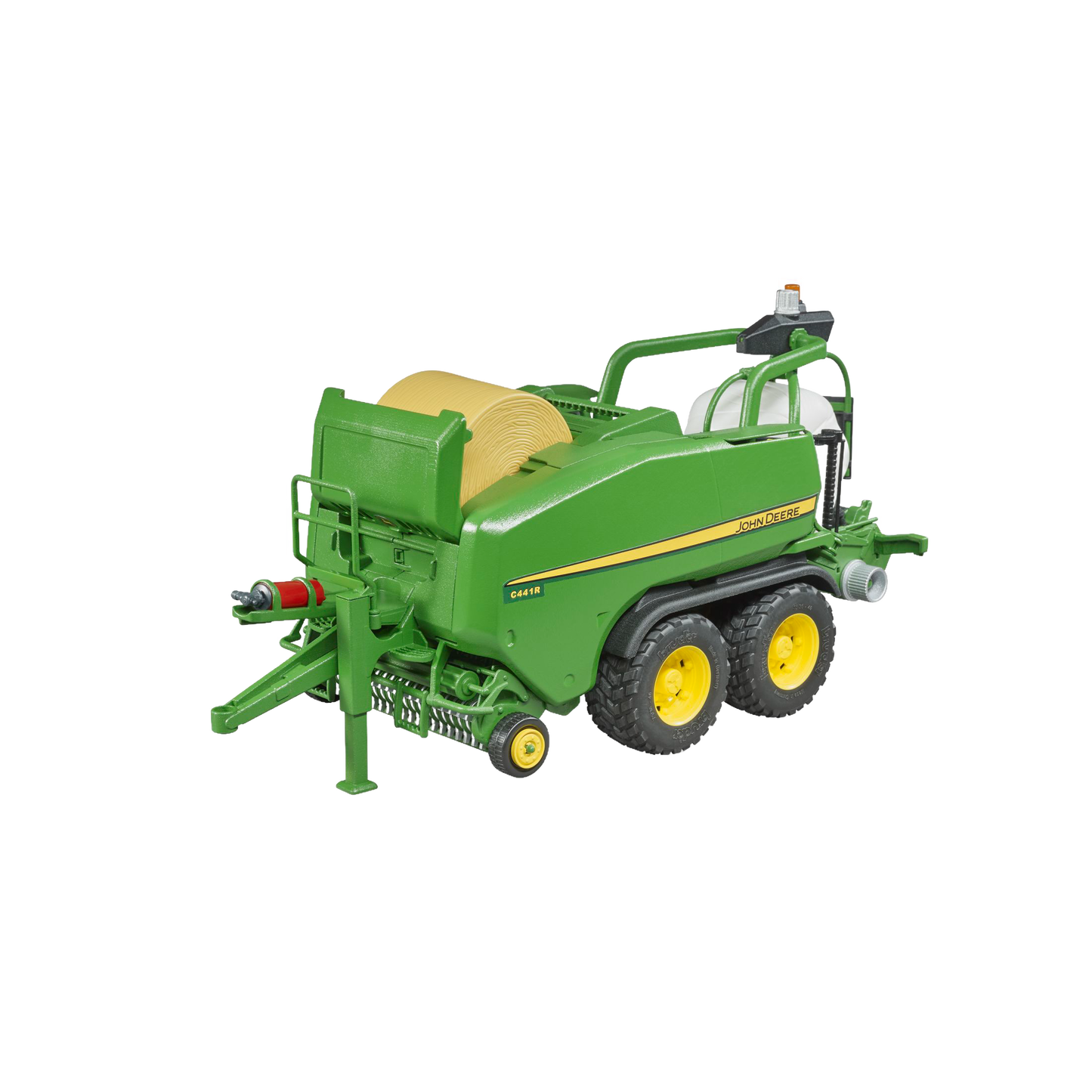 Green and yellow toy wrapping chamber baler with detailed round bale from Bruder Toys in Vehicles & Remote Controlled Toys collection