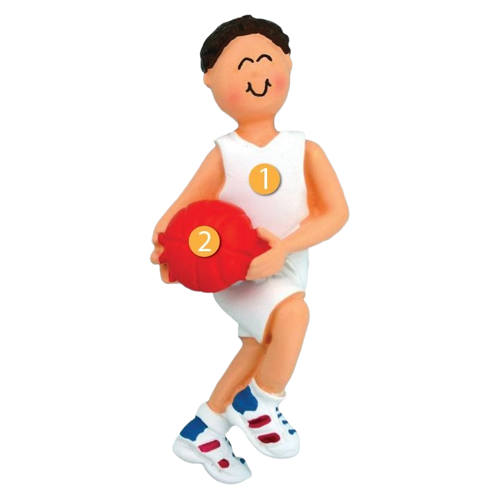 Brunette male basketball player figurine ornament in white uniform holding orange ball, Christmas decoration under $50 collection