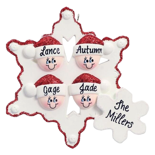 Personalized snowflake ornament with four smiling faces wearing Santa hats and custom family name, festive Christmas décor under 50
