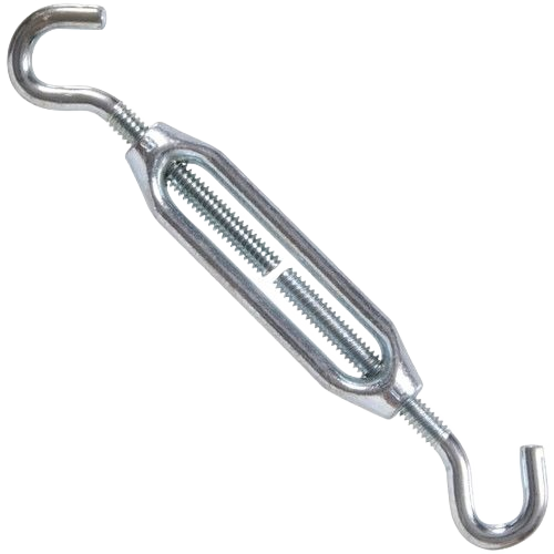 Zinc-plated turnbuckle with hook ends and threaded body for tensioning and adjusting in home improvement projects