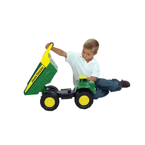 Child playing with a green and yellow toy dump truck from Vehicles & Remote Controlled Toys and Toys & Games collections