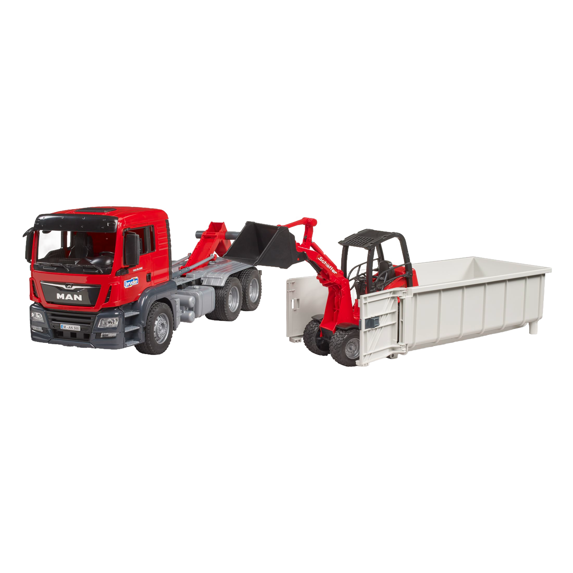 Red and gray MAN toy truck with detachable roll-off container and compact loader in Vehicles & Remote Controlled Toys collection