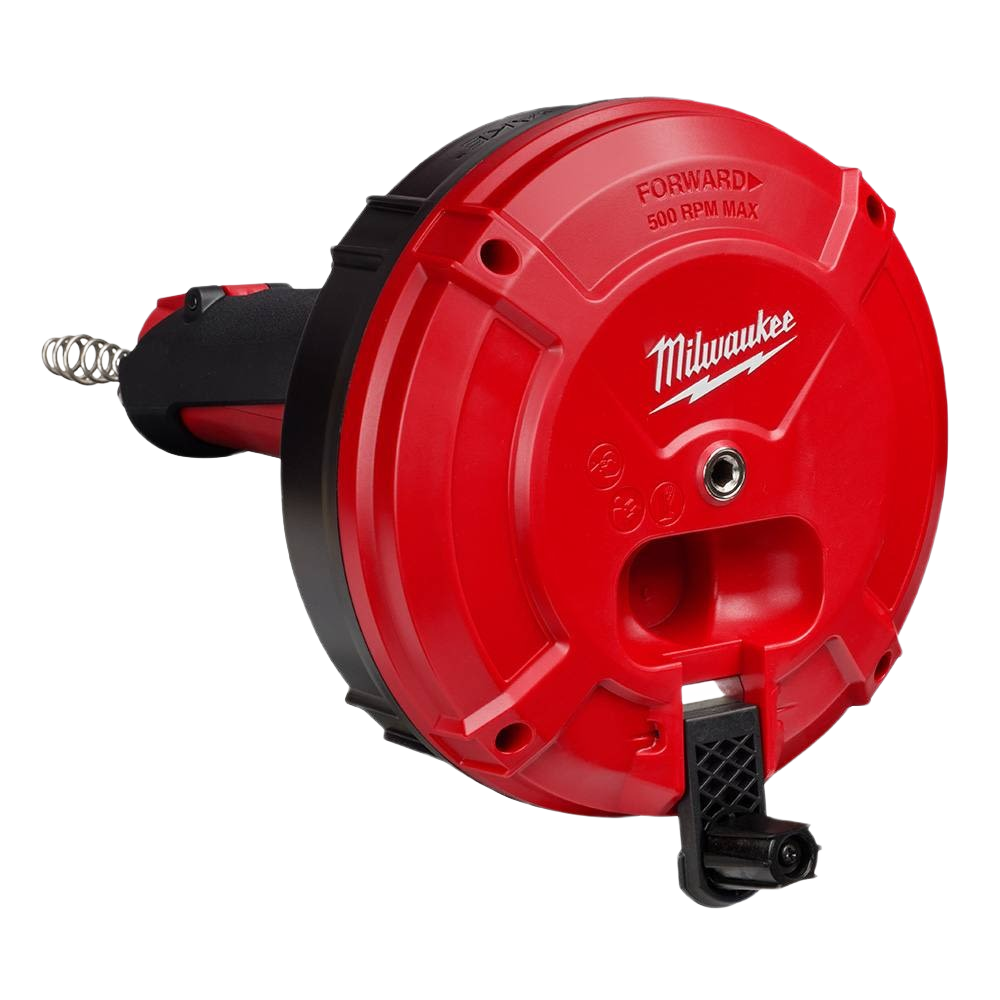 Red handheld auger tool with spool housing and ergonomic grip for plumbing and home improvement tasks