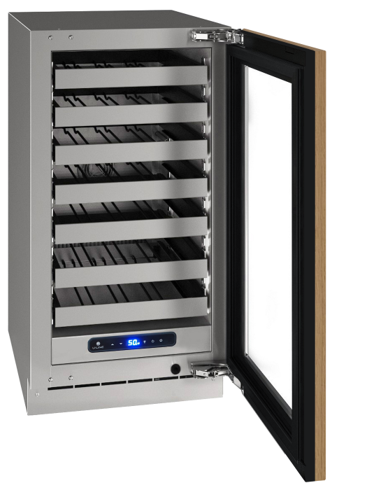 Stainless steel 18-inch wine refrigerator with wooden-framed glass door and digital temperature control panel from beverage centers collection