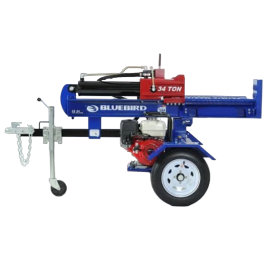 Blue and red 34 ton horizontal and vertical log splitter with Honda engine on trailer hitch, part of rental equipment for firewood processing at Hartville Hardware.