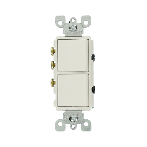 Light almond dual rocker switch with metal mounting bracket for home improvement and electrical use.